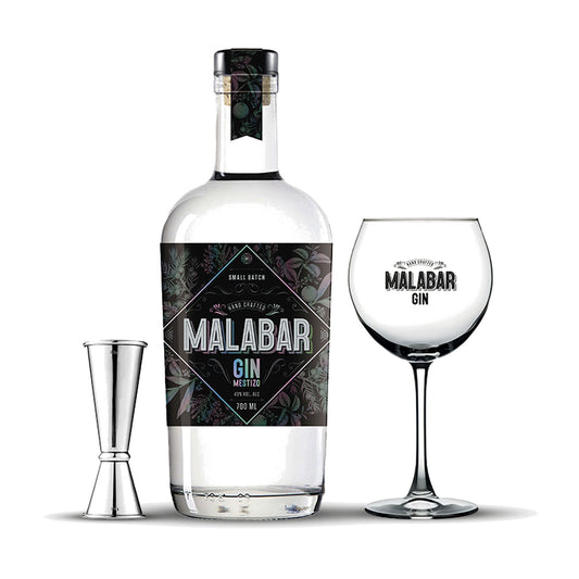 Pack Gin Malabar: botella 700 ml + copa globo Malabar + jigger para coctelería