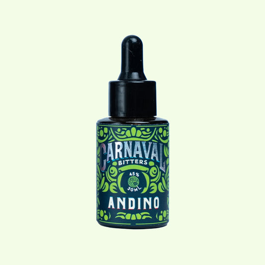 Carnaval Bitters Andino 30 ml sobre fondo verde: bíter aromático herbal y especiado