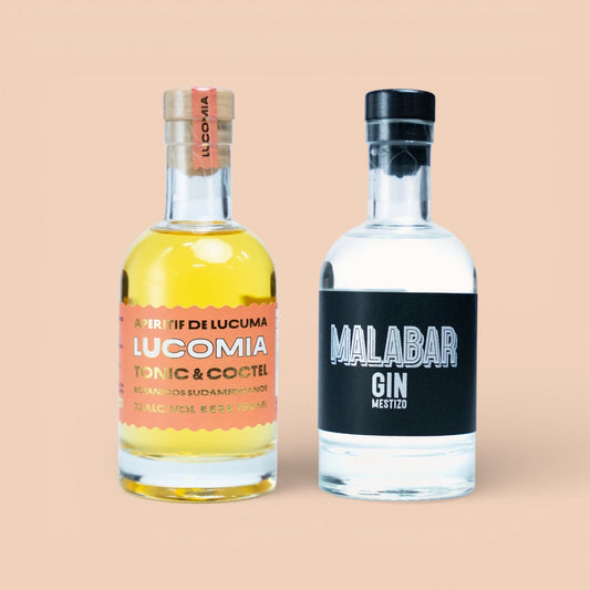 Pack Degustación 200 ml sobre fondo durazno: Lucomía Aperitif y Gin Malabar