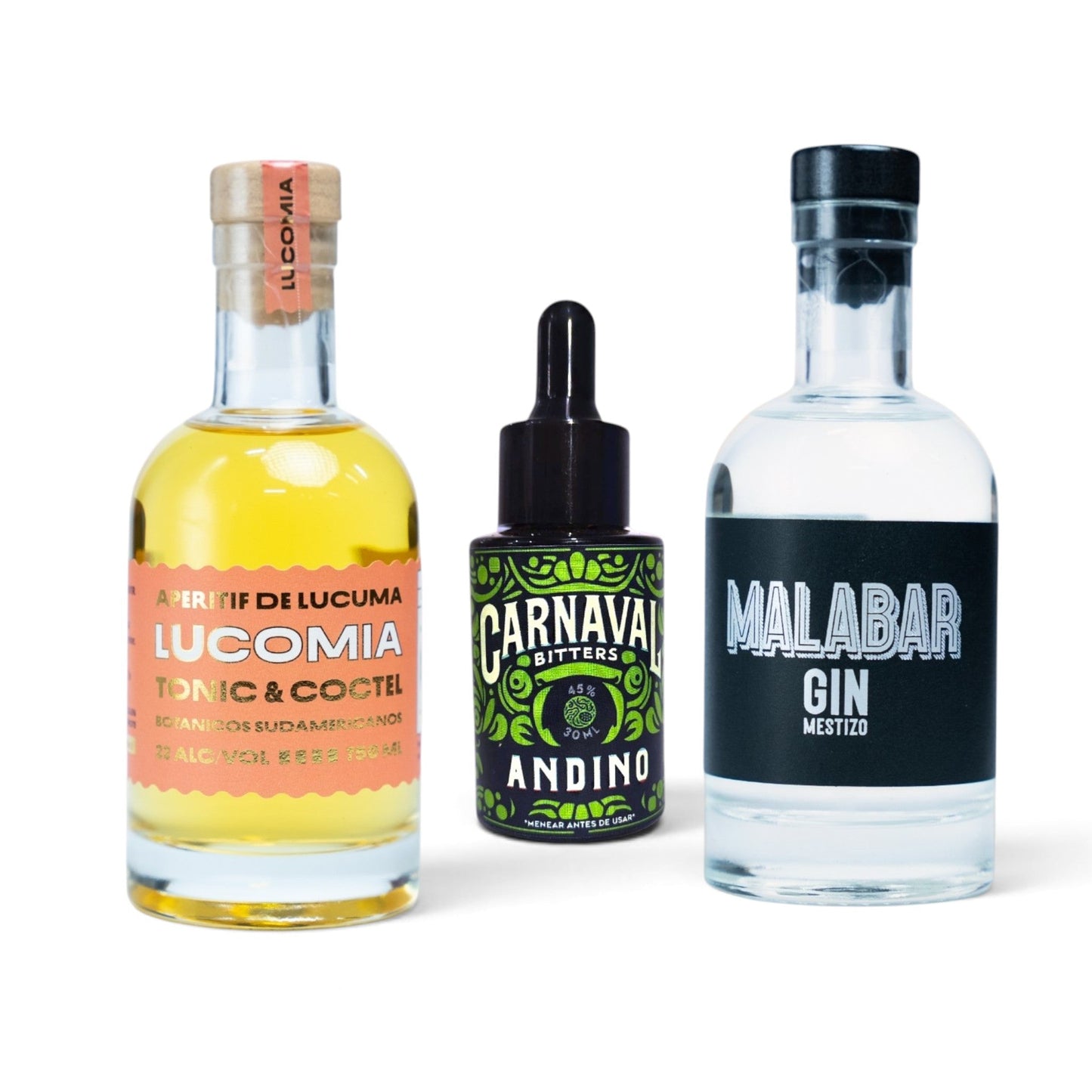 Trío Laboratorio 200 ml: Lucomía Aperitif, Carnaval Bitters Andino y Gin Malabar en formato botellín