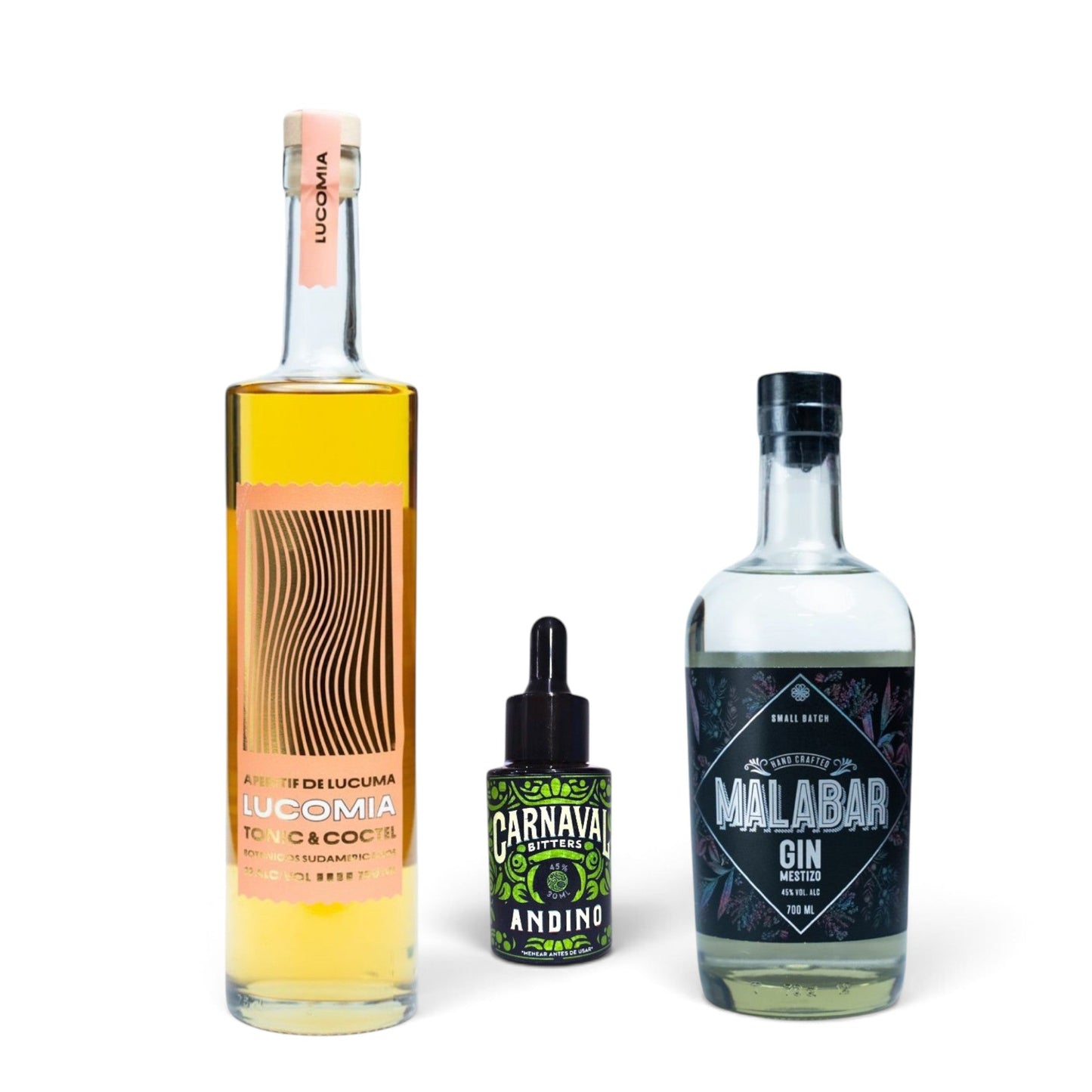 Trío Laboratorio: Lucomía Aperitif 750 ml, Carnaval Bitters Andino y Gin Malabar 700 ml