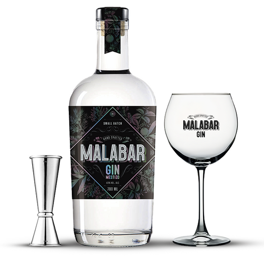 Botella Gin Malabar + Copa Globo + Jigger