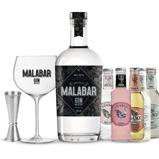 Botella Gin Malabar + Copa Globo + Jigger + 4 tónicas de elección - 20% de descuento