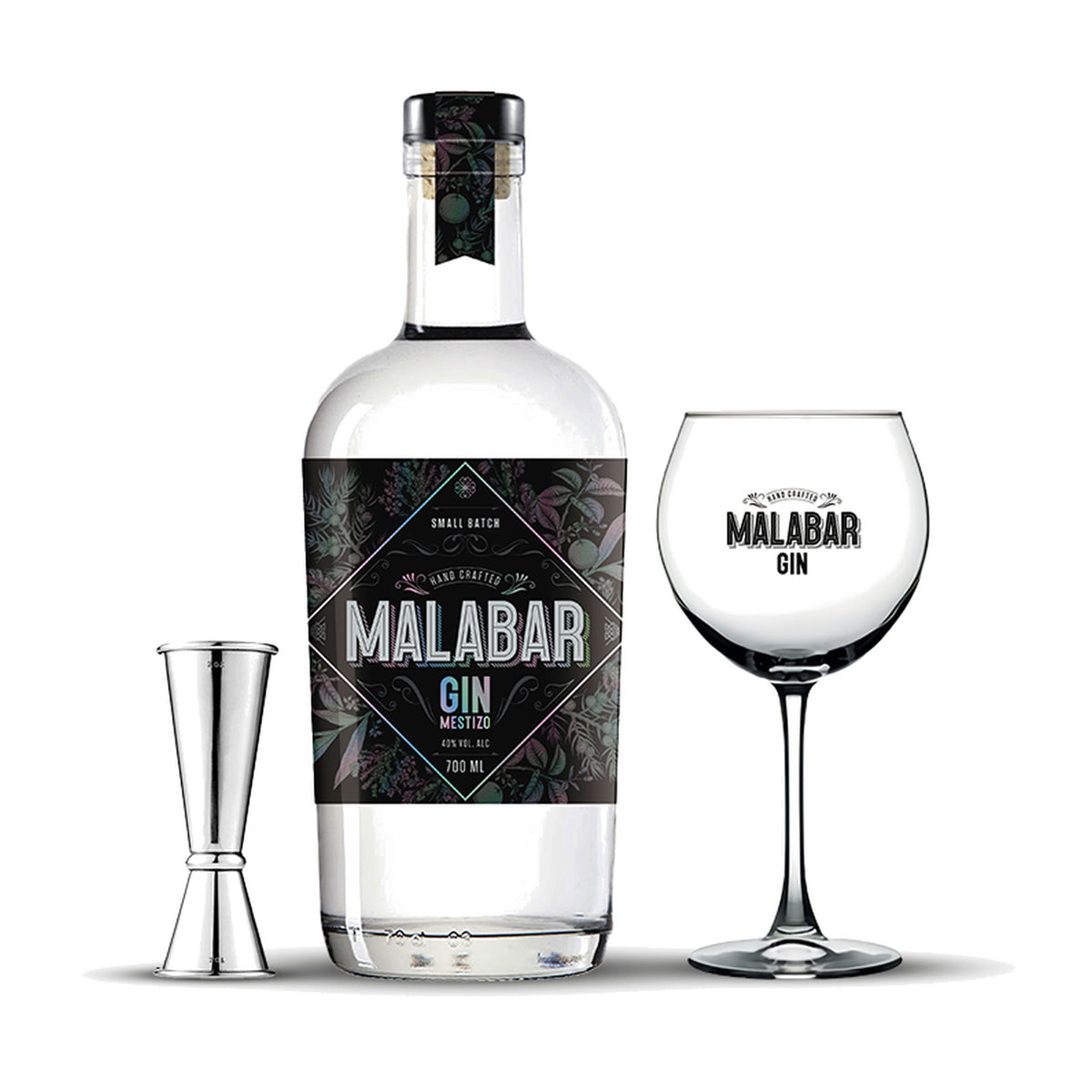 Pack Gin Malabar: botella 700 ml + copa globo Malabar + jigger para coctelería