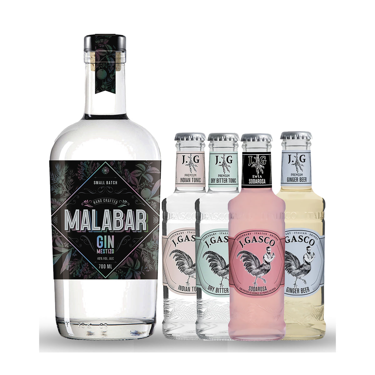 Pack Gin Malabar 700 ml + 4 mixers a elección