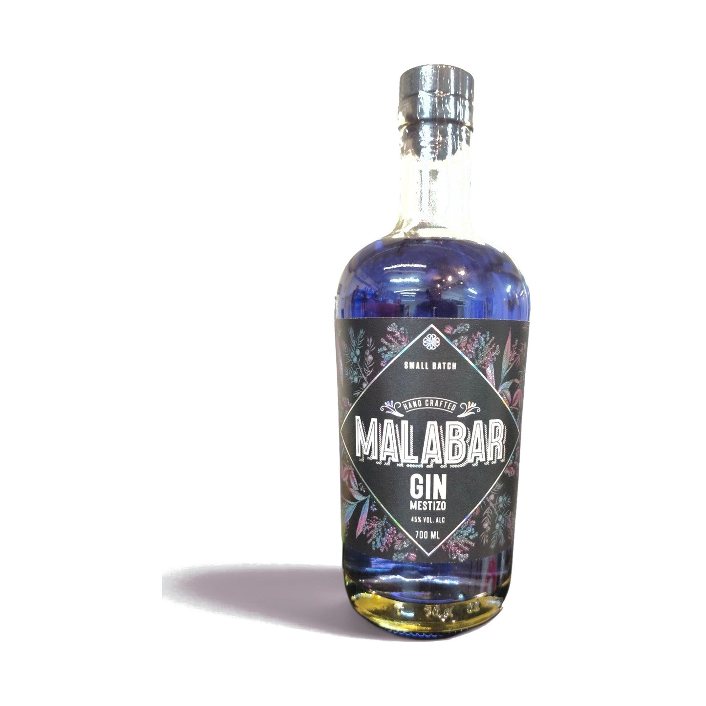 Botella Malabar Aflora 700 ml: gin mestizo chileno azul con flor de mariposa que cambia de color a rosa