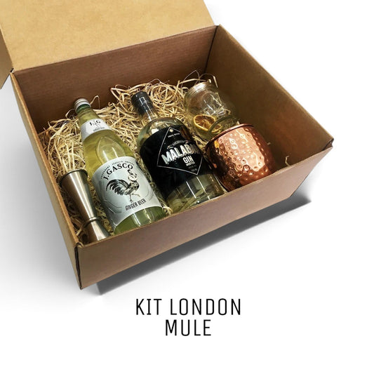 Kit London Mule: caja de regalo con Gin Malabar 700 ml, ginger beer J. Gasco, mug de cobre, jigger y limones deshidratados
