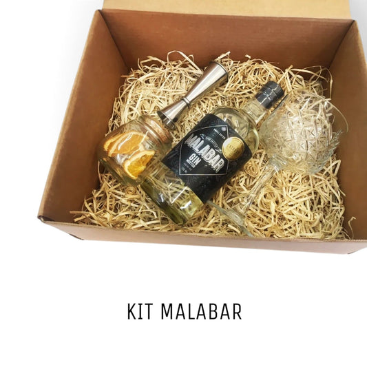 Kit Malabar: caja de regalo con Gin Malabar 700 ml, copa tallada, jigger y frasco de naranjas deshidratadas
