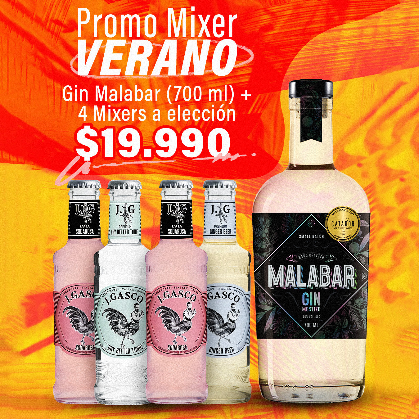 Promo Mixers Verano - Gin Malabar (700 ml) + 4 Mixers