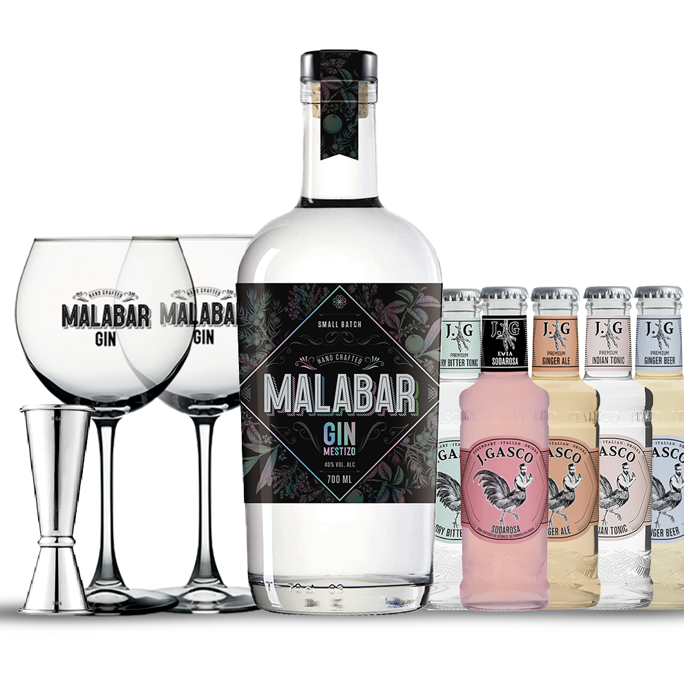 Promo Silver: Botella Gin Malabar +2 copas + jigger Combinación de 4 Mixers J. Gasco
